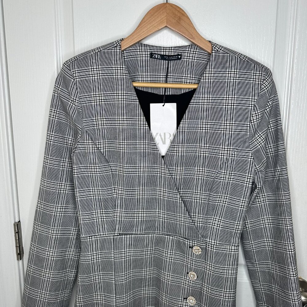 ZARA GRAY BLACK PLAID MINI DRESS WITH BUTTONS MEDIUM BRAND NEW WITH TAGS - Picture 5 of 9